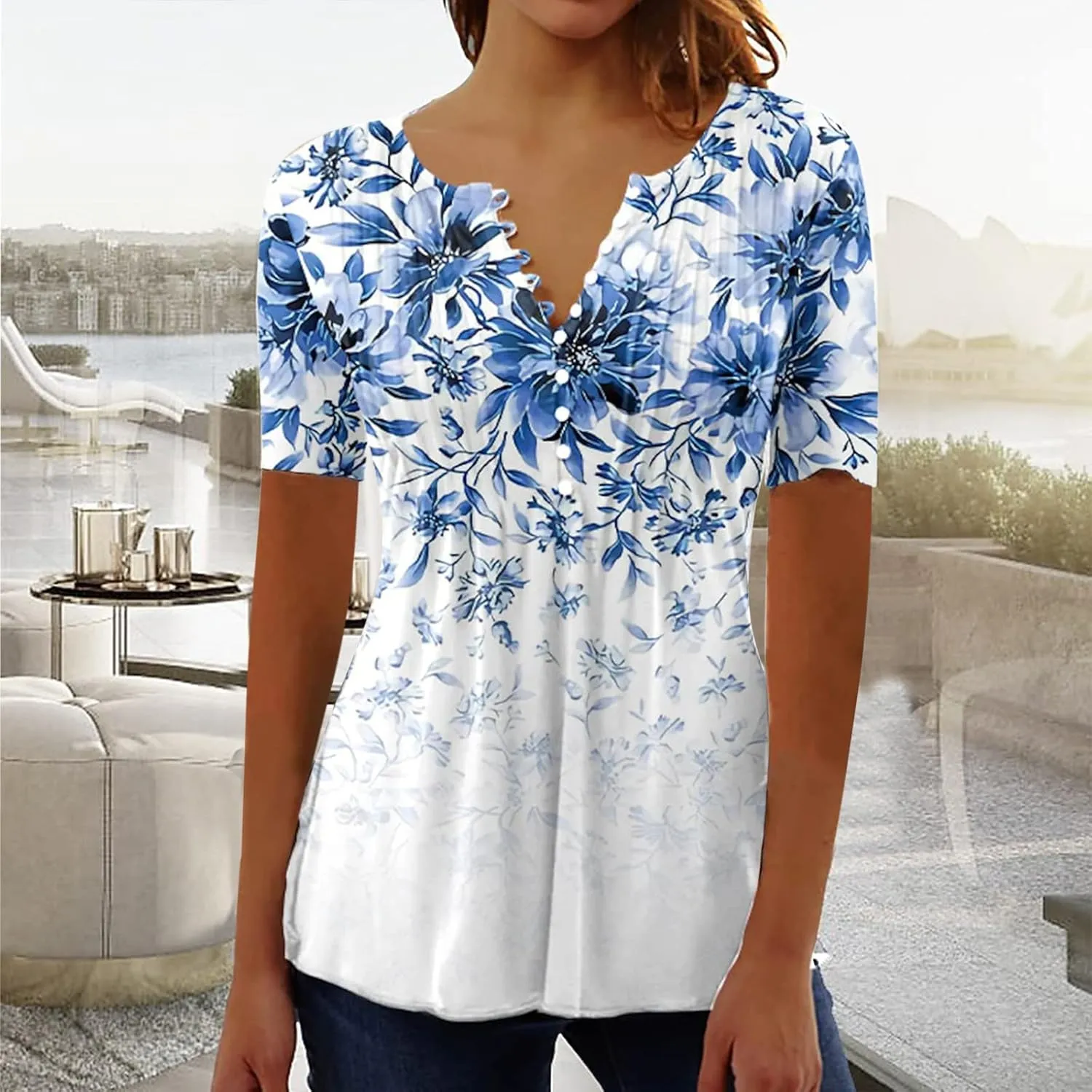 Womens Summer Tops Dressy Casual Short Sleeve V Neck T Shirts Trendy Cute Tees Loose Soft Floral Boho Tunic Blouses