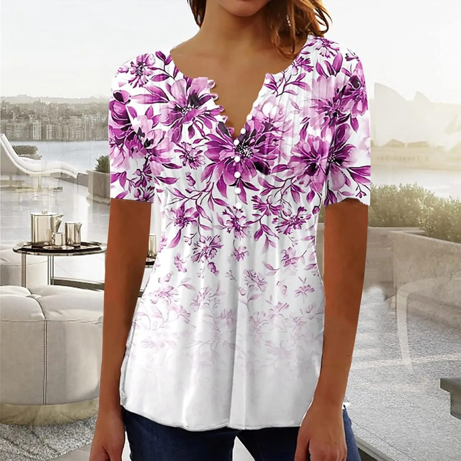 Womens Summer Tops Dressy Casual Short Sleeve V Neck T Shirts Trendy Cute Tees Loose Soft Floral Boho Tunic Blouses