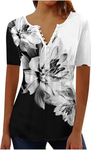Womens Summer Tops Dressy Casual Short Sleeve V Neck T Shirts Trendy Cute Tees Loose Soft Floral Boho Tunic Blouses