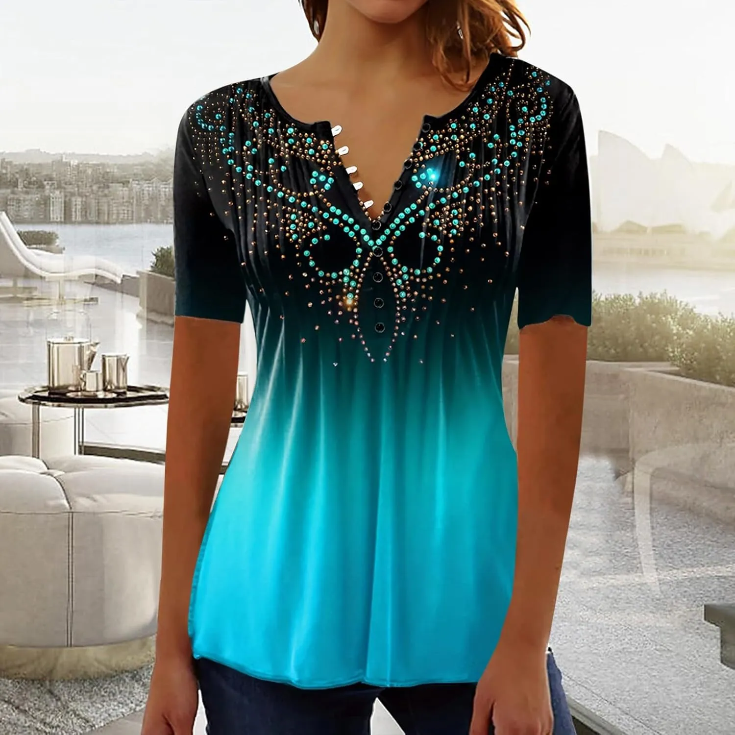 Womens Summer Tops Dressy Casual Short Sleeve V Neck T Shirts Trendy Cute Tees Loose Soft Floral Boho Tunic Blouses