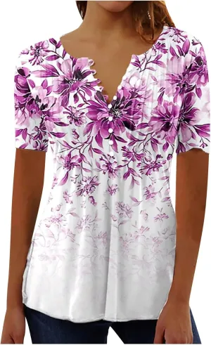 Womens Summer Tops Dressy Casual Short Sleeve V Neck T Shirts Trendy Cute Tees Loose Soft Floral Boho Tunic Blouses