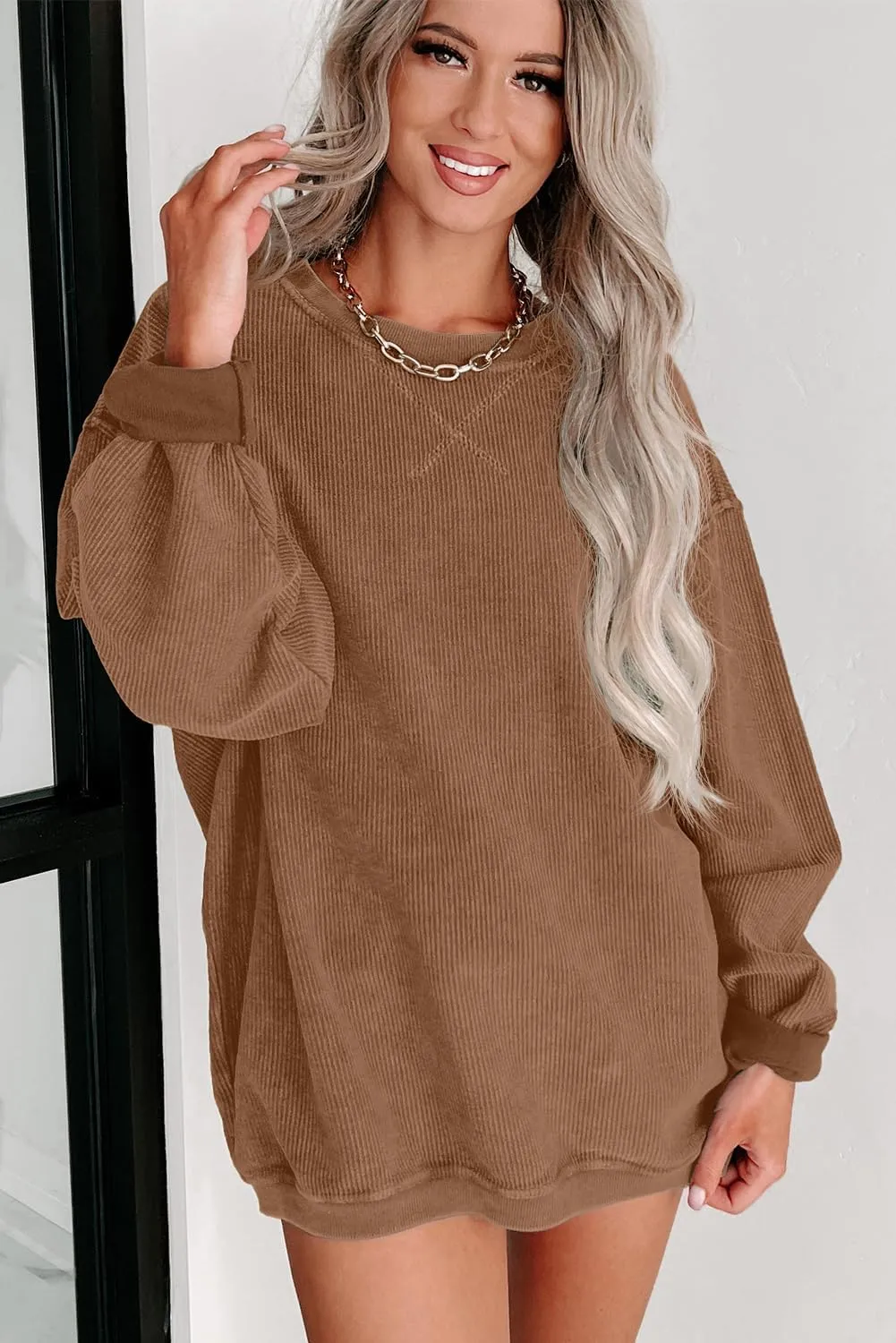 Womens Sweatshirts Casual Cored Corduroy Pullover Tops Oversized Long Sleeve Crewneck Shirts