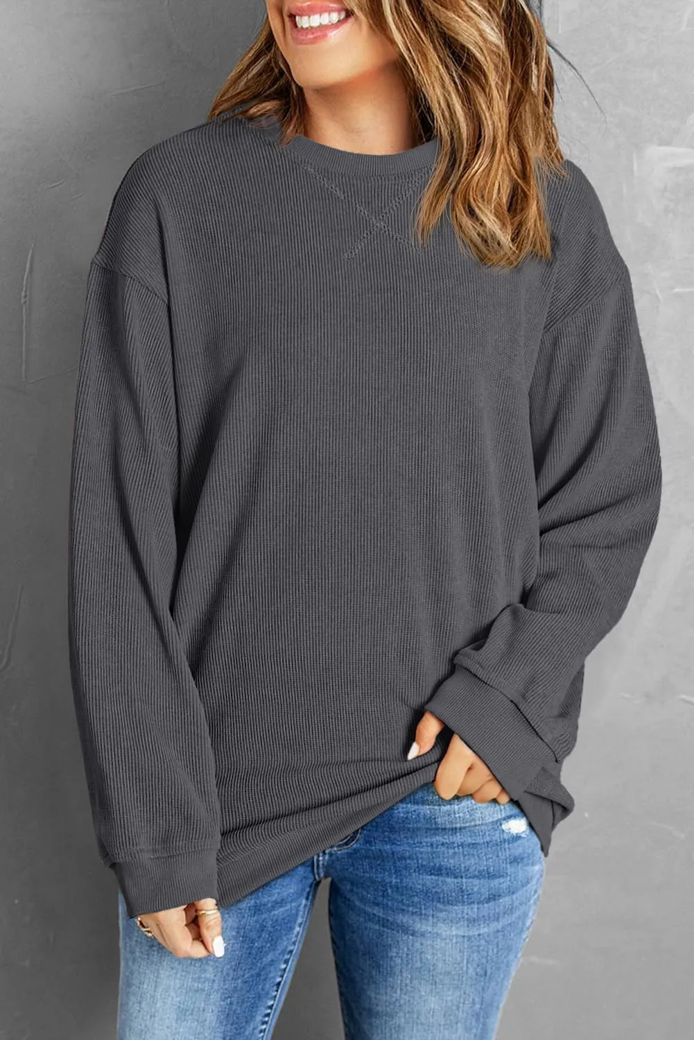 Womens Sweatshirts Casual Cored Corduroy Pullover Tops Oversized Long Sleeve Crewneck Shirts