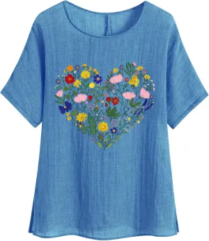 Womens Tshirts Cotton Loose Fit Lightweight Linen Blouses Soft Shirts Fashion Flower Print Casual Summer Blouse Tee