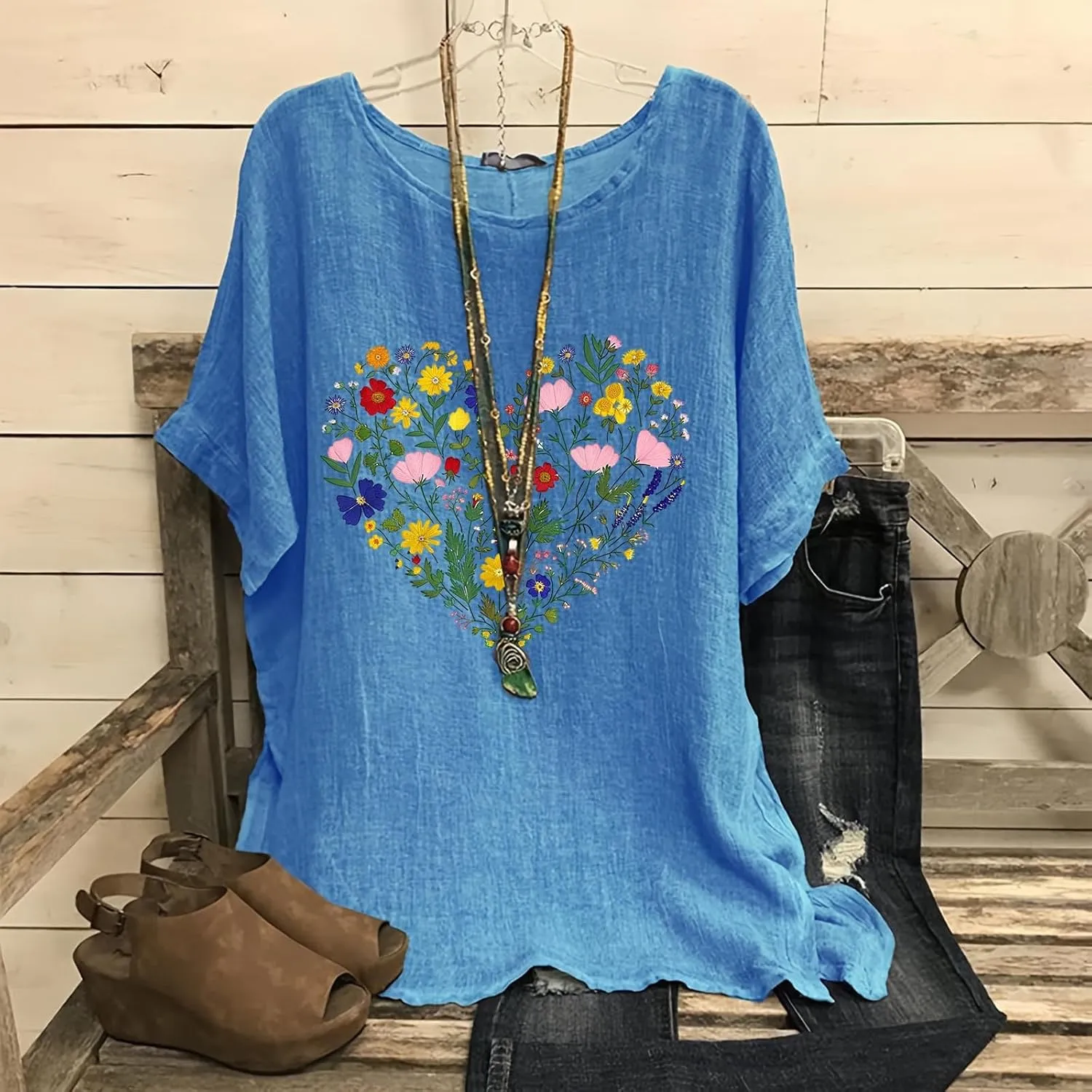 Womens Tshirts Cotton Loose Fit Lightweight Linen Blouses Soft Shirts Fashion Flower Print Casual Summer Blouse Tee