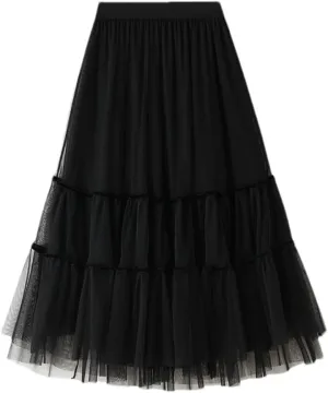 Womens Tulle A-Line Mesh Skirts Black Midi Long Pleated Skirt