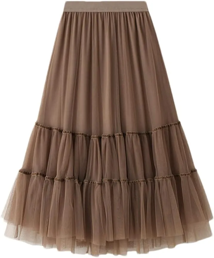 Womens Tulle A-Line Mesh Skirts Black Midi Long Pleated Skirt