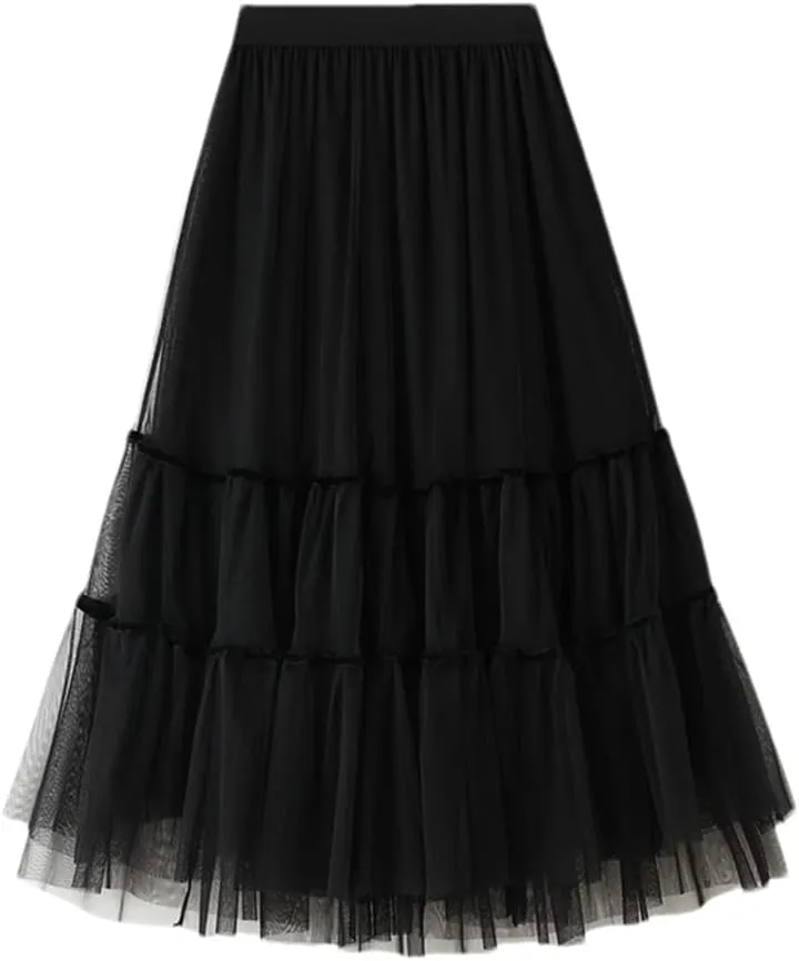 Womens Tulle A-Line Mesh Skirts Black Midi Long Pleated Skirt