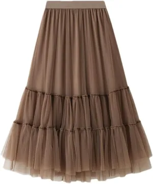 Womens Tulle A-Line Mesh Skirts Black Midi Long Pleated Skirt