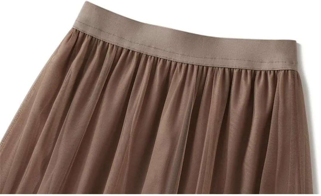 Womens Tulle A-Line Mesh Skirts Black Midi Long Pleated Skirt