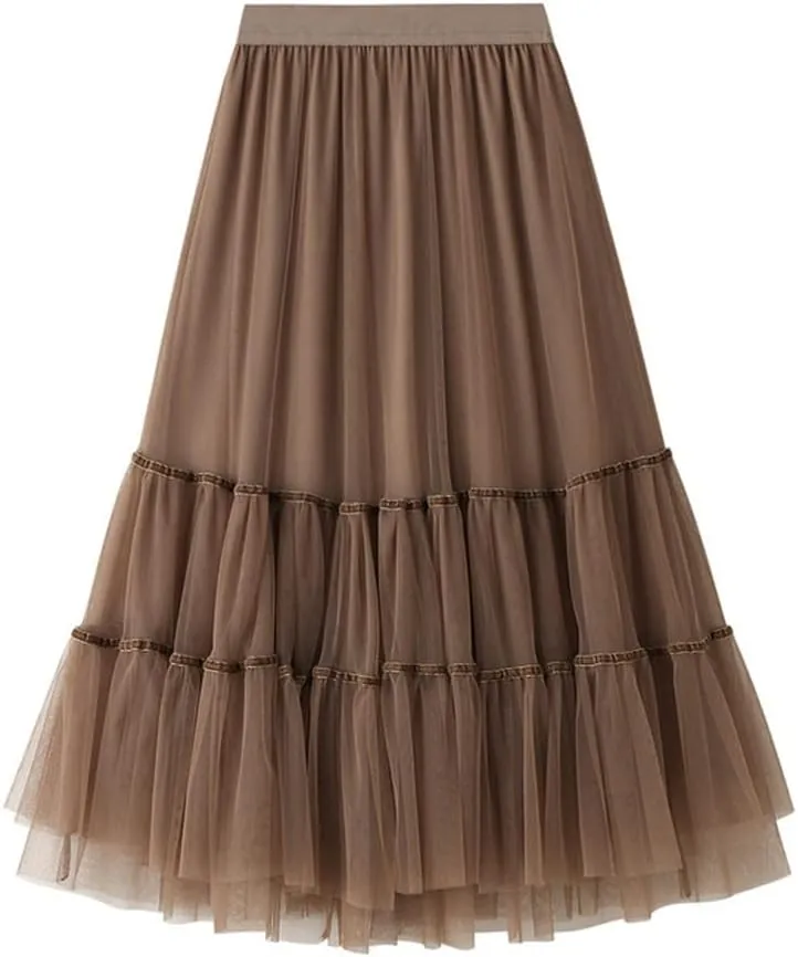 Womens Tulle A-Line Mesh Skirts Black Midi Long Pleated Skirt