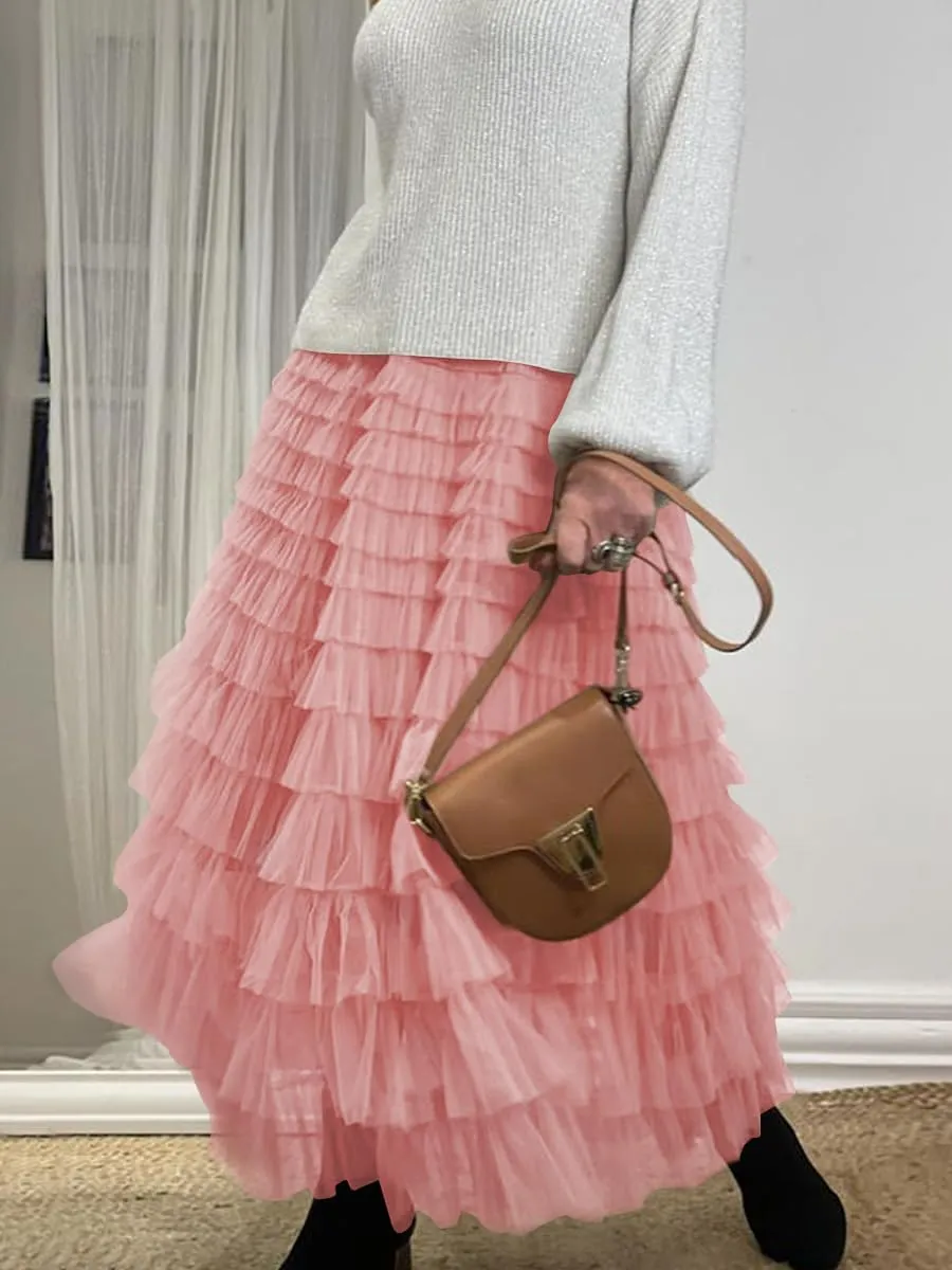 Women's Tulle Skirts Trendy Elastic Waist Layered Mesh Long Skirt A-Line Ruffles Fairy Skirts