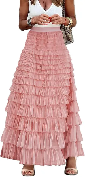 Women's Tulle Skirts Trendy Elastic Waist Layered Mesh Long Skirt A-Line Ruffles Fairy Skirts