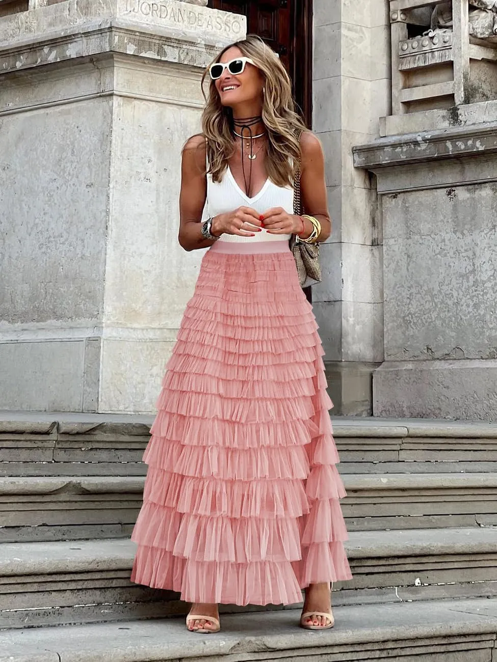 Women's Tulle Skirts Trendy Elastic Waist Layered Mesh Long Skirt A-Line Ruffles Fairy Skirts