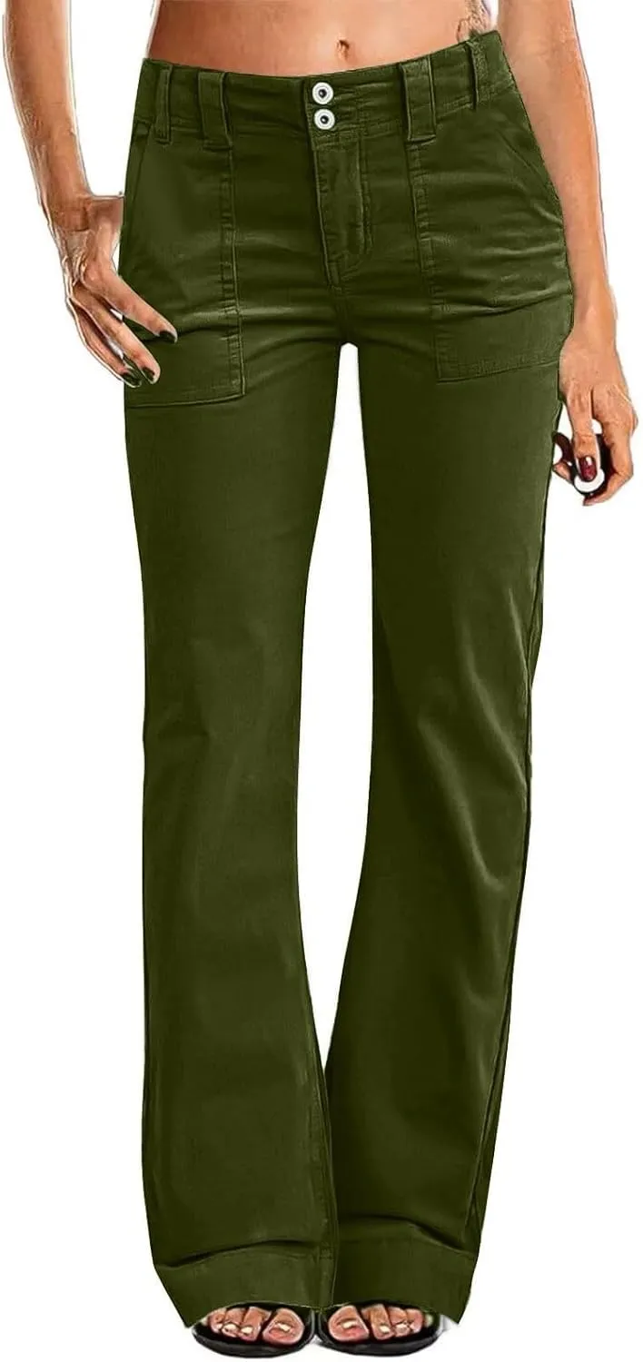 Women's Wide Leg Flare Pants Double Button Mid Waist Casual Trousers Trendy High-Waisted Fashion Pants