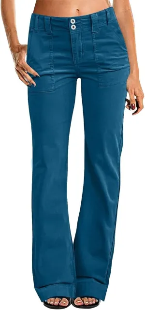 Women's Wide Leg Flare Pants Double Button Mid Waist Casual Trousers Trendy High-Waisted Fashion Pants