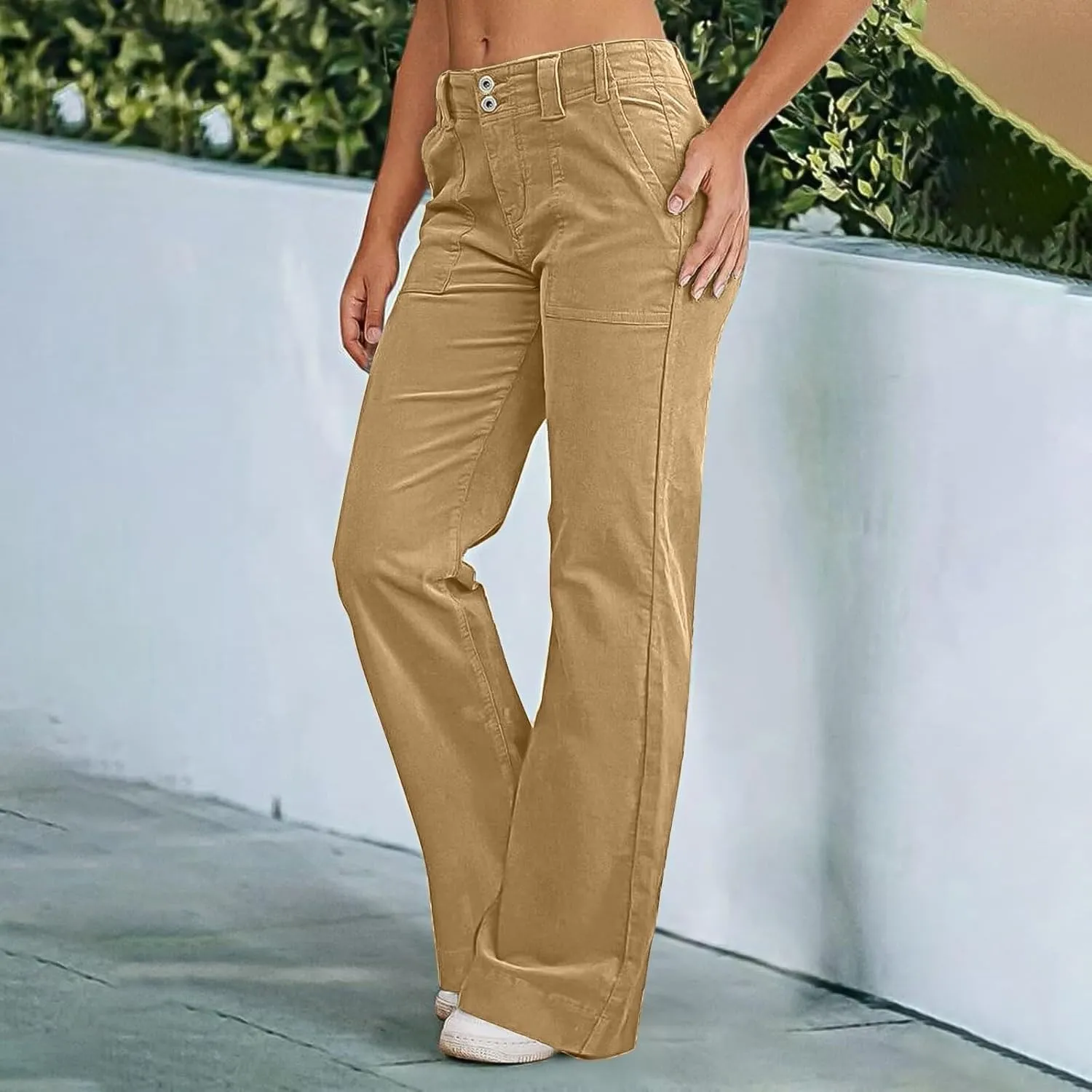 Women's Wide Leg Flare Pants Double Button Mid Waist Casual Trousers Trendy High-Waisted Fashion Pants