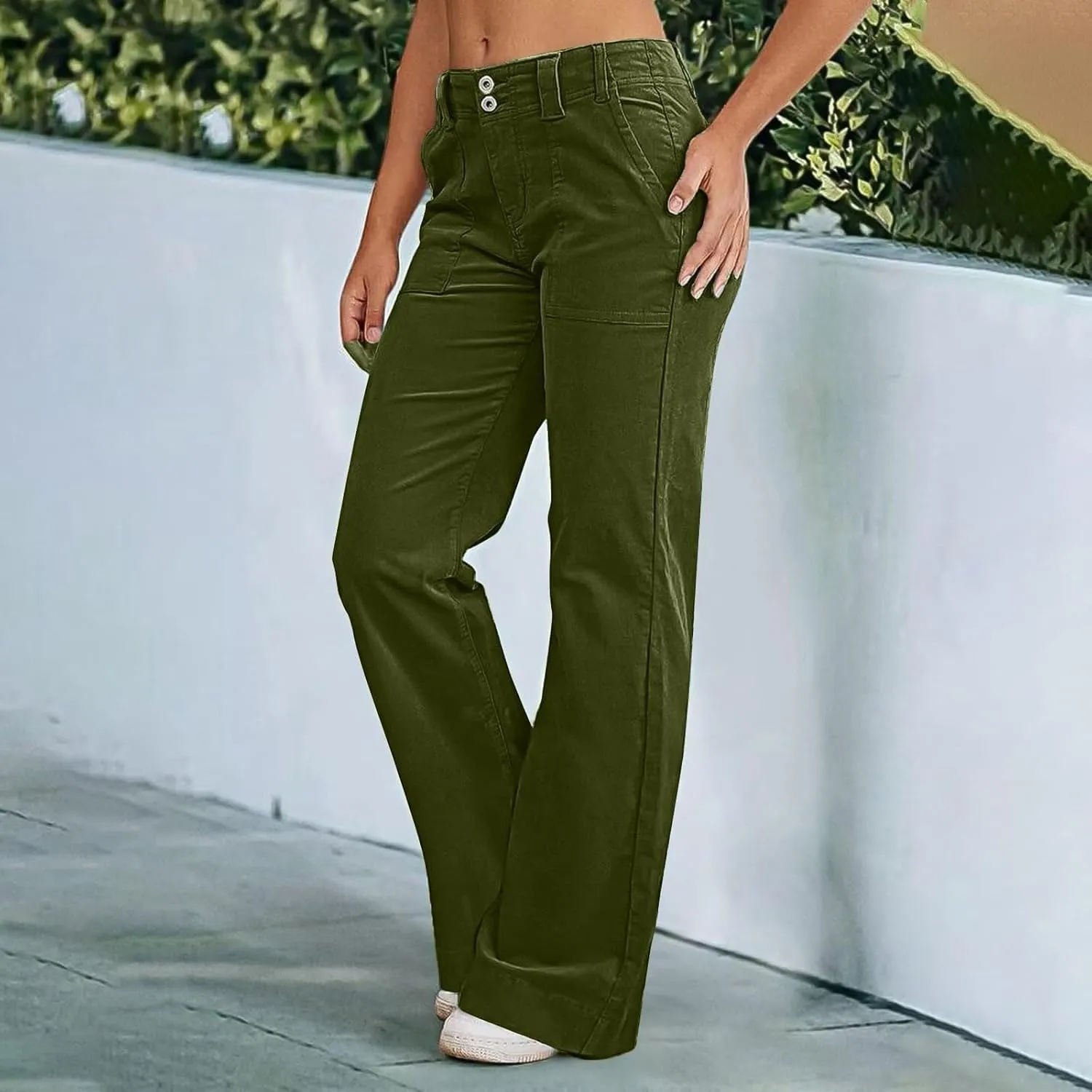 Women's Wide Leg Flare Pants Double Button Mid Waist Casual Trousers Trendy High-Waisted Fashion Pants