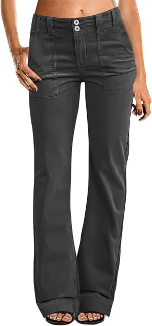 Women's Wide Leg Flare Pants Double Button Mid Waist Casual Trousers Trendy High-Waisted Fashion Pants