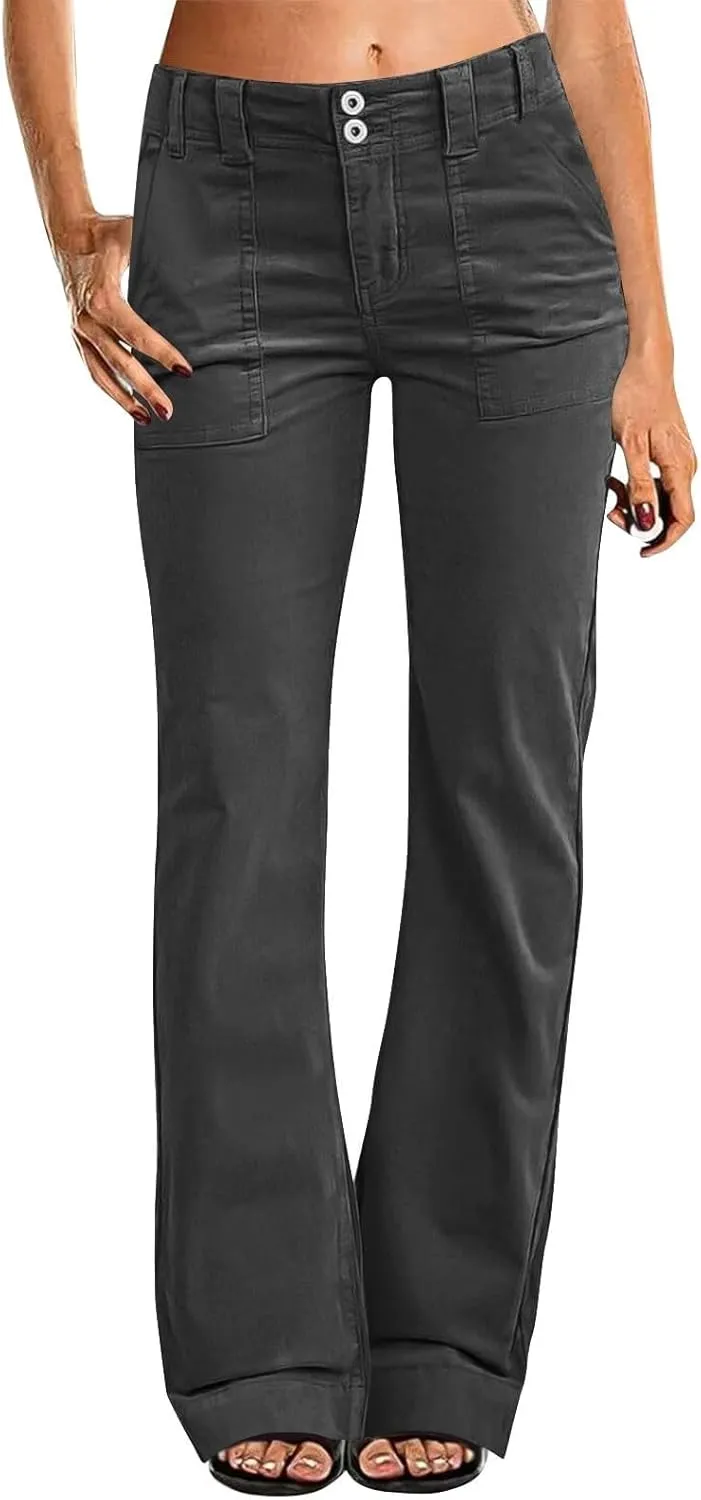 Women's Wide Leg Flare Pants Double Button Mid Waist Casual Trousers Trendy High-Waisted Fashion Pants