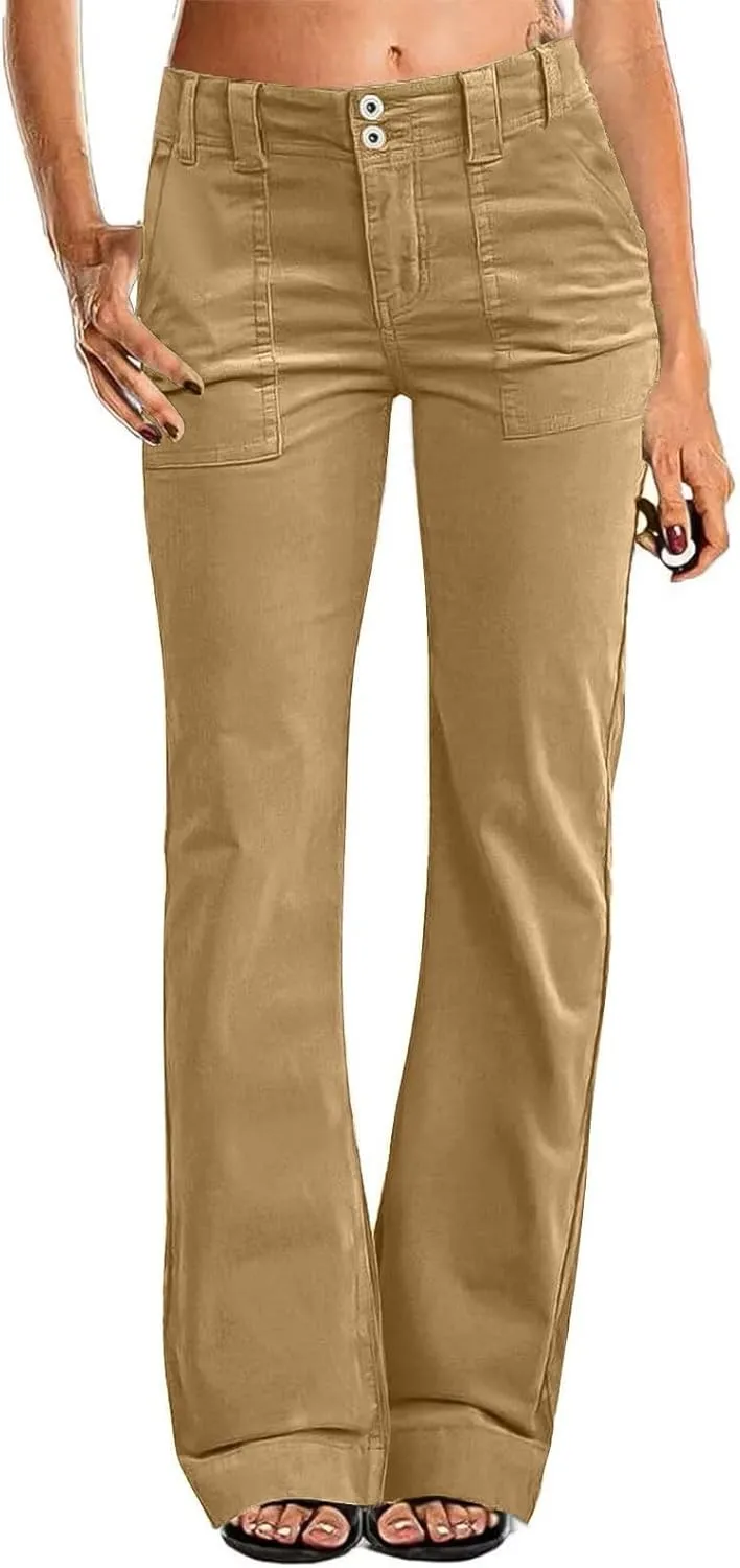 Women's Wide Leg Flare Pants Double Button Mid Waist Casual Trousers Trendy High-Waisted Fashion Pants