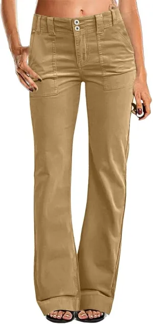 Women's Wide Leg Flare Pants Double Button Mid Waist Casual Trousers Trendy High-Waisted Fashion Pants