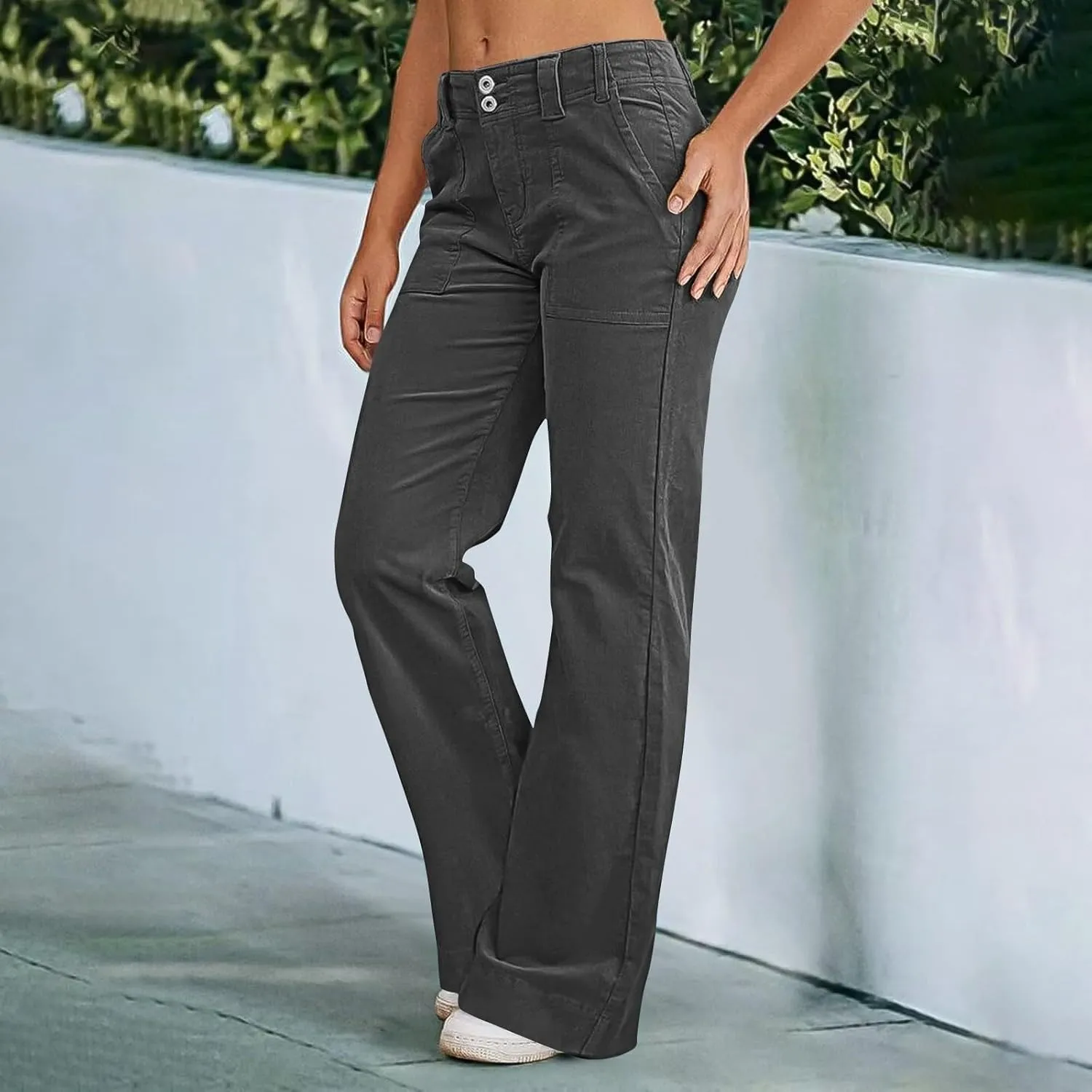 Women's Wide Leg Flare Pants Double Button Mid Waist Casual Trousers Trendy High-Waisted Fashion Pants