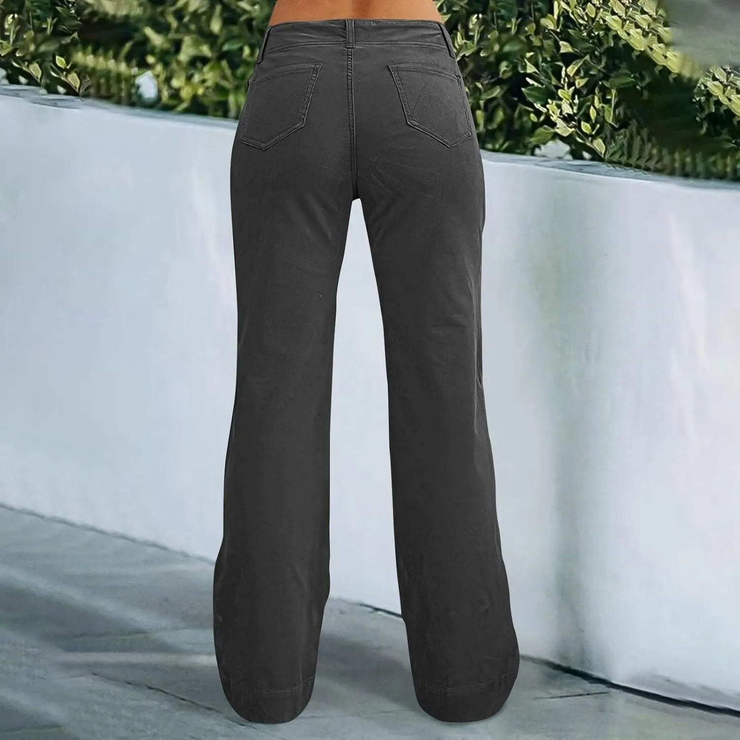 Women's Wide Leg Flare Pants Double Button Mid Waist Casual Trousers Trendy High-Waisted Fashion Pants