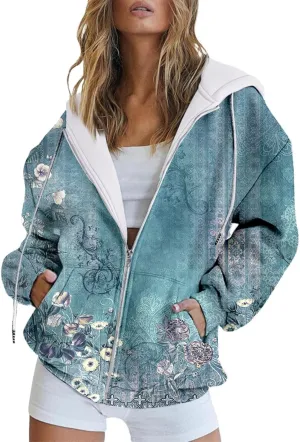 Womens Zip Up Hoodies Vintage Oversized Hoodie Floral Printed Long Sleeve Tops Trendy Sport Cloth with Pockets