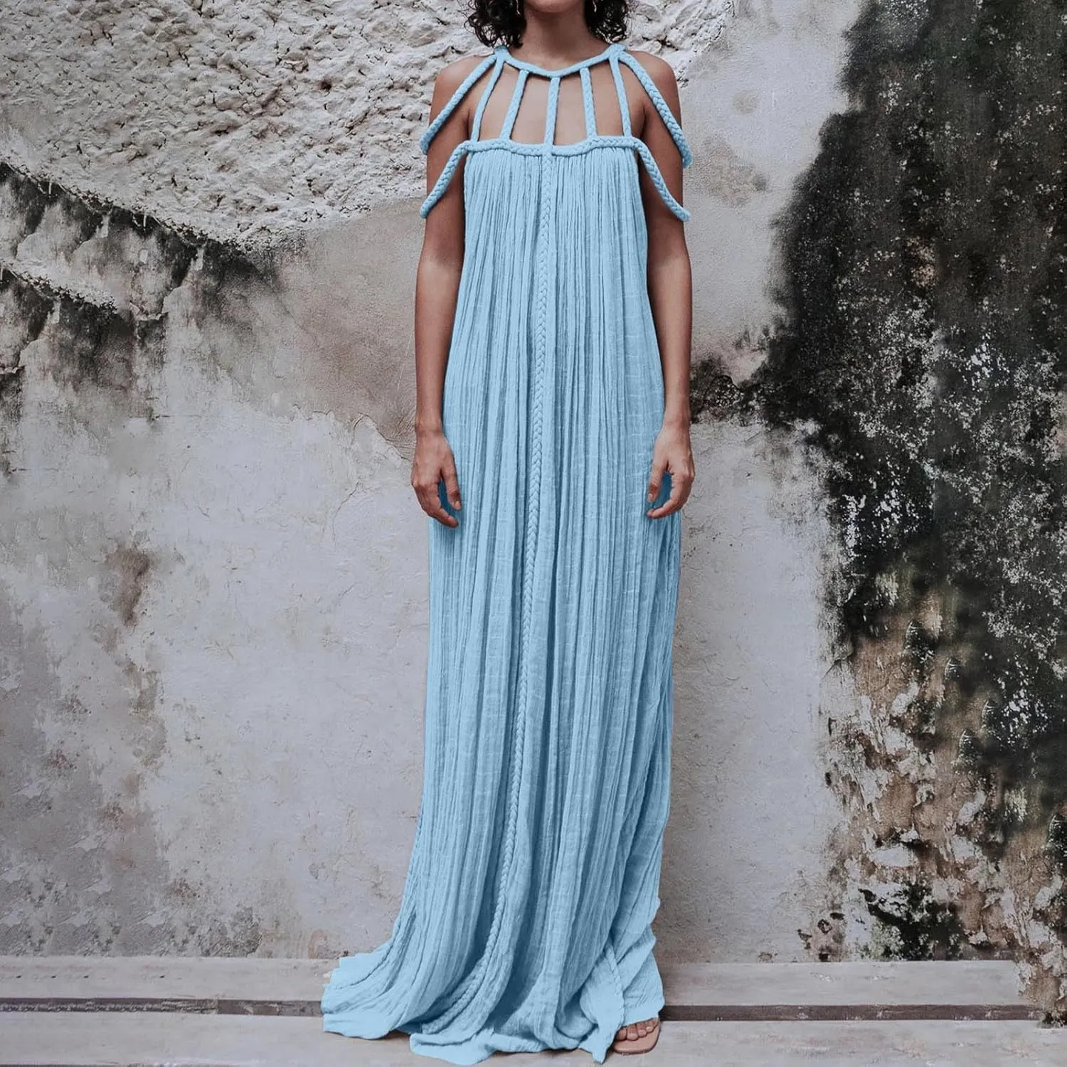 XUNRYAN Women's Sexy Spaghetti Strap Dress Backless Maxi Dresses Summer Cocktail Formal Crochet Halter Dress Vacation Outfit
