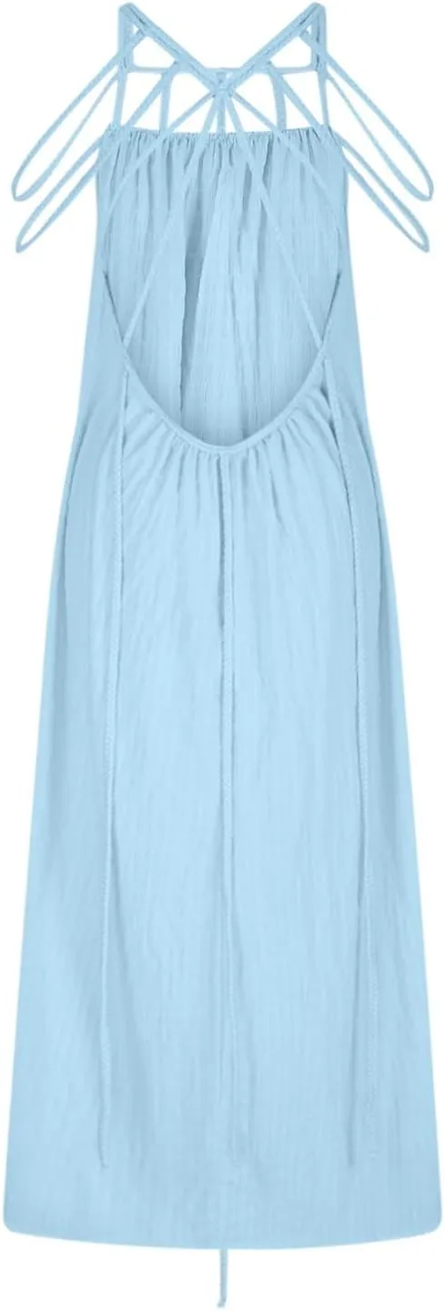 XUNRYAN Women's Sexy Spaghetti Strap Dress Backless Maxi Dresses Summer Cocktail Formal Crochet Halter Dress Vacation Outfit