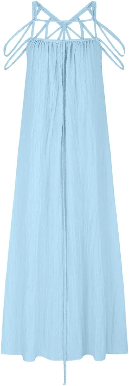 XUNRYAN Women's Sexy Spaghetti Strap Dress Backless Maxi Dresses Summer Cocktail Formal Crochet Halter Dress Vacation Outfit