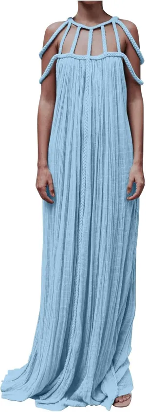 XUNRYAN Women's Sexy Spaghetti Strap Dress Backless Maxi Dresses Summer Cocktail Formal Crochet Halter Dress Vacation Outfit