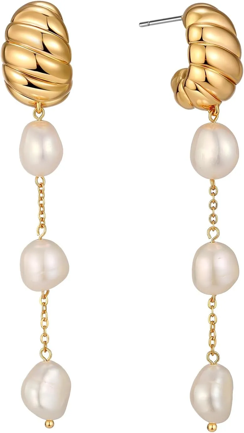 XYJZXY Long Pearl Earrings Baroque Pearl Drop Dangle Earrings Twisted Earrings Croissant Earrings
