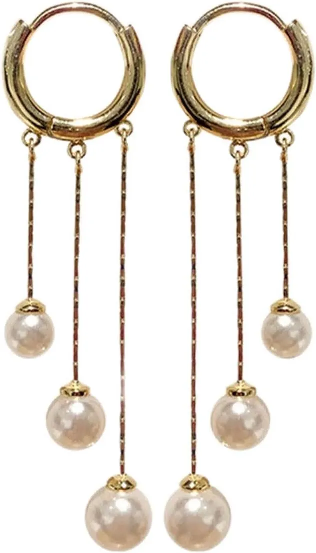 YienDoo Boho Tassel Pearl Drop Earrings Vintage Gold Pearl Chain Dangle Earrings Statement Huggie Hoop Pearl Dangle Earrings Brides Wedding Prom Earrings Jewelry for Women