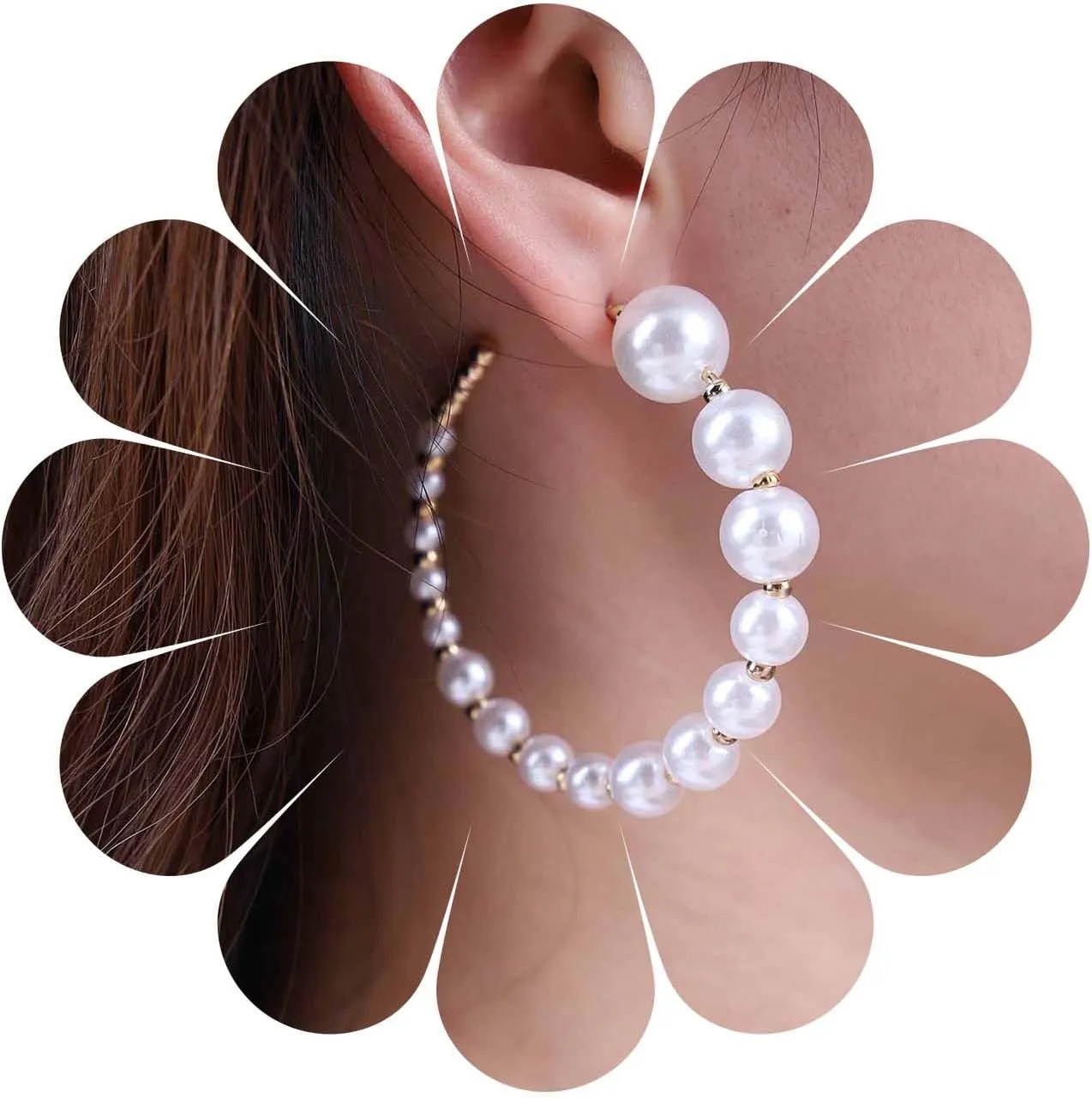 YienDoo Large Pearl Hoop Drop Dangle Earrings Vintage Gold Circle Hoop Earrings Lightweight Geometric Open Loop Earrings Punk Statement Hollow Hoop Pearl Earrings Jewelry for Women
