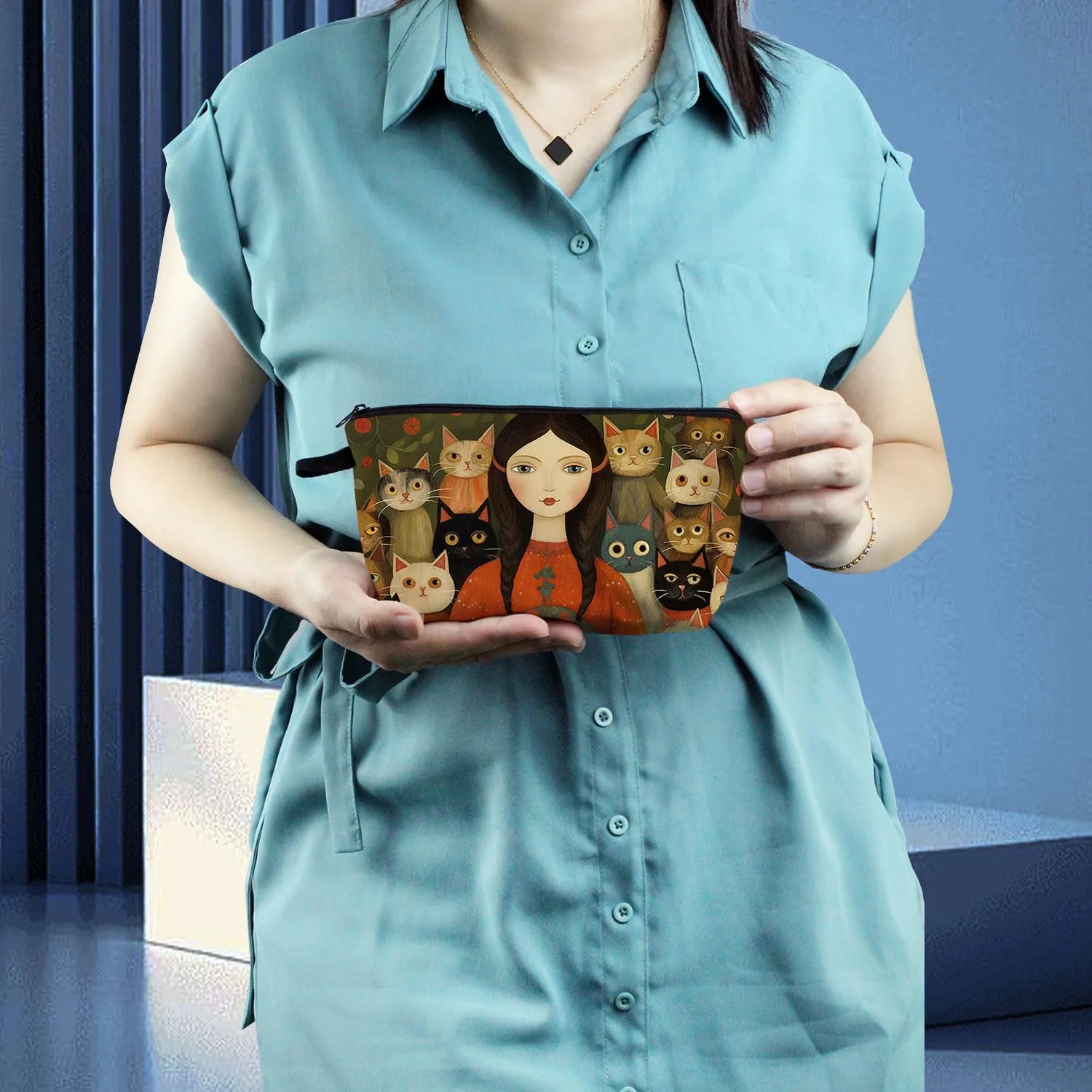 Young Lady with Cats Makeup Bag Folk Art Painting Small Cute Organizer Bag Zipper Pouch Young Lady with Cats Print Cosmetic Bag Present for Women Friends Cat Lovers