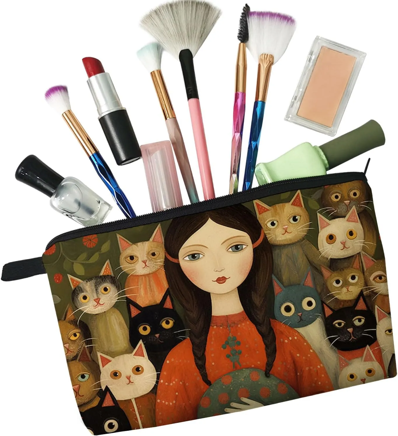 Young Lady with Cats Makeup Bag Folk Art Painting Small Cute Organizer Bag Zipper Pouch Young Lady with Cats Print Cosmetic Bag Present for Women Friends Cat Lovers