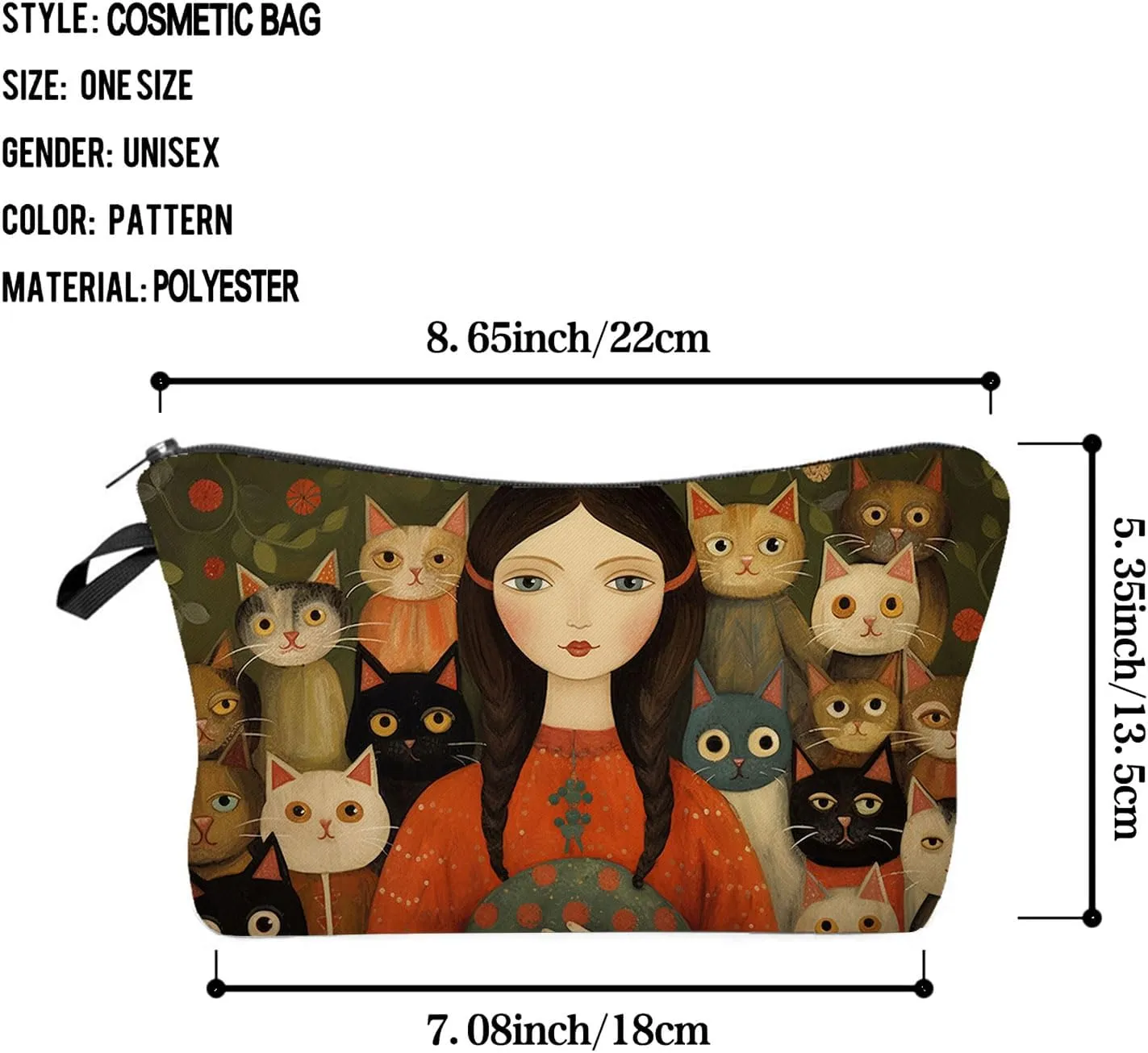 Young Lady with Cats Makeup Bag Folk Art Painting Small Cute Organizer Bag Zipper Pouch Young Lady with Cats Print Cosmetic Bag Present for Women Friends Cat Lovers