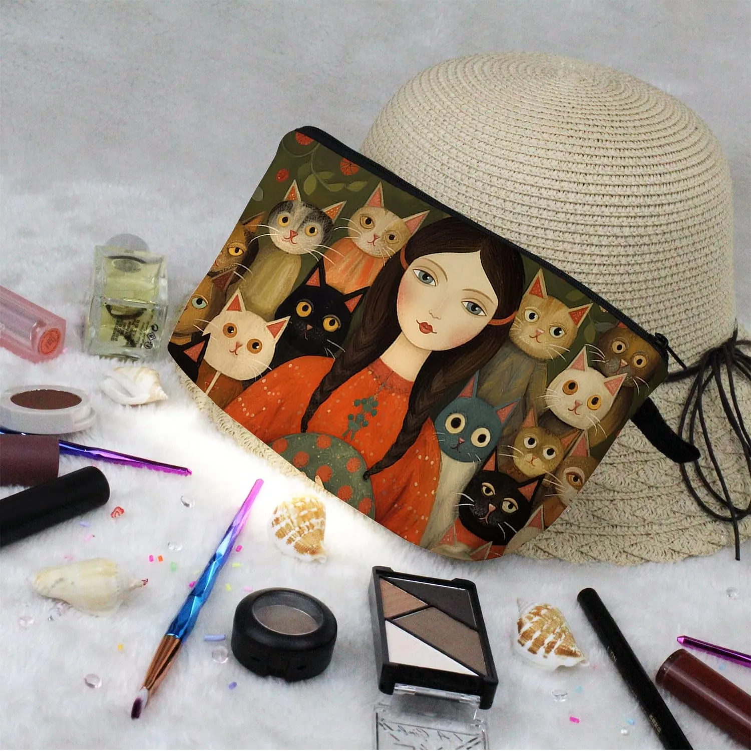 Young Lady with Cats Makeup Bag Folk Art Painting Small Cute Organizer Bag Zipper Pouch Young Lady with Cats Print Cosmetic Bag Present for Women Friends Cat Lovers