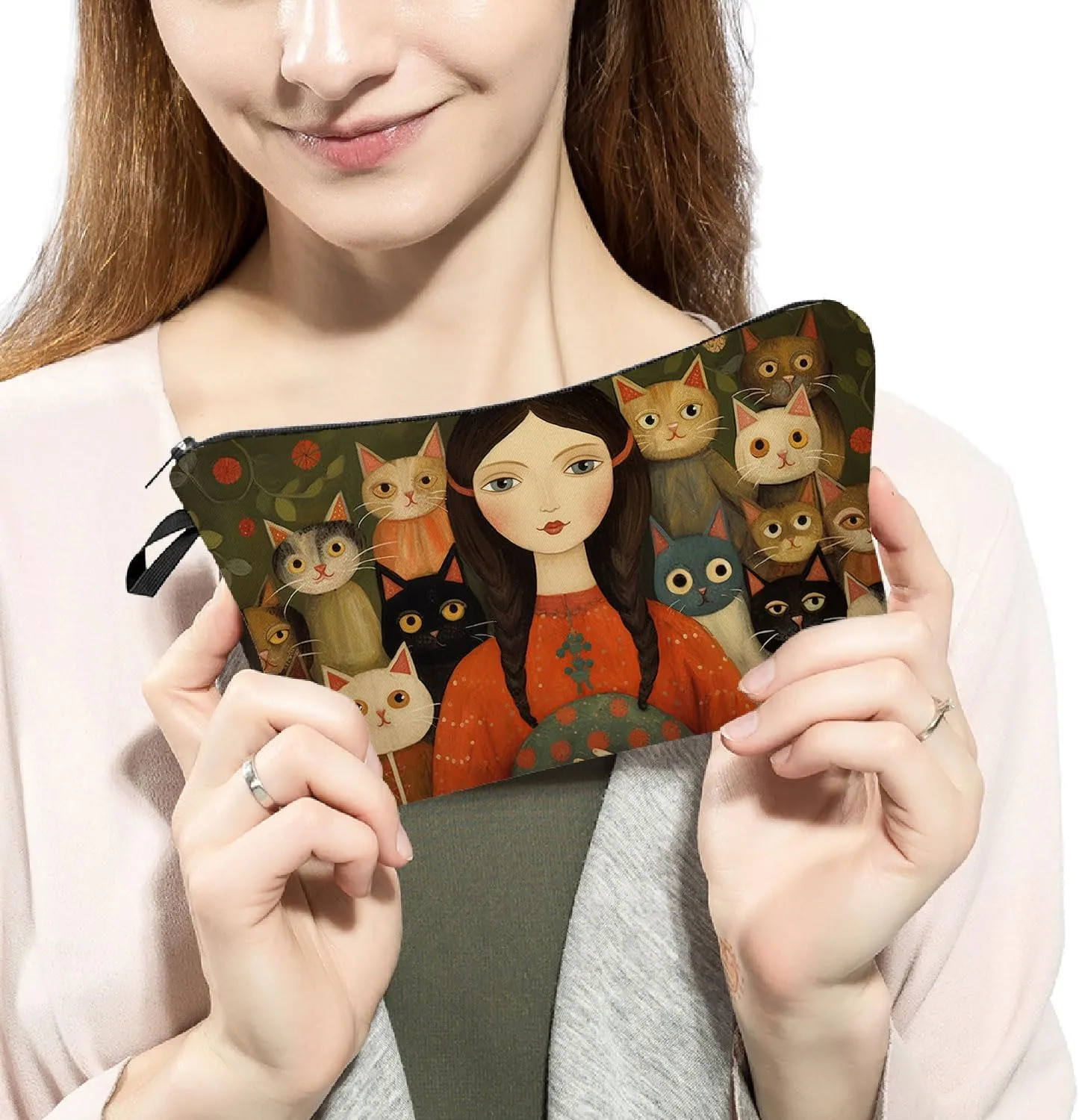 Young Lady with Cats Makeup Bag Folk Art Painting Small Cute Organizer Bag Zipper Pouch Young Lady with Cats Print Cosmetic Bag Present for Women Friends Cat Lovers