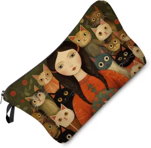 Young Lady with Cats Makeup Bag Folk Art Painting Small Cute Organizer Bag Zipper Pouch Young Lady with Cats Print Cosmetic Bag Present for Women Friends Cat Lovers