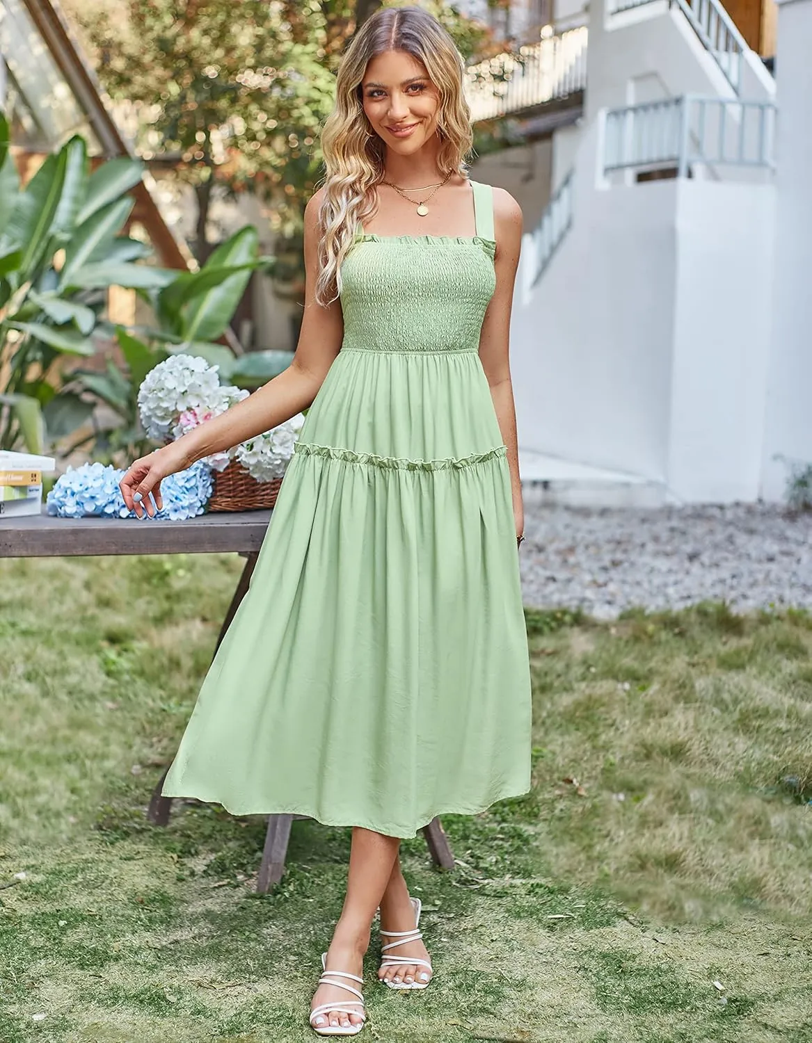 ZAFUL Women's Summer Maxi Dress Boho Floral Casual Ruffle Smocked Halter Backless Knot Long Flowy Beach Sun Dress
