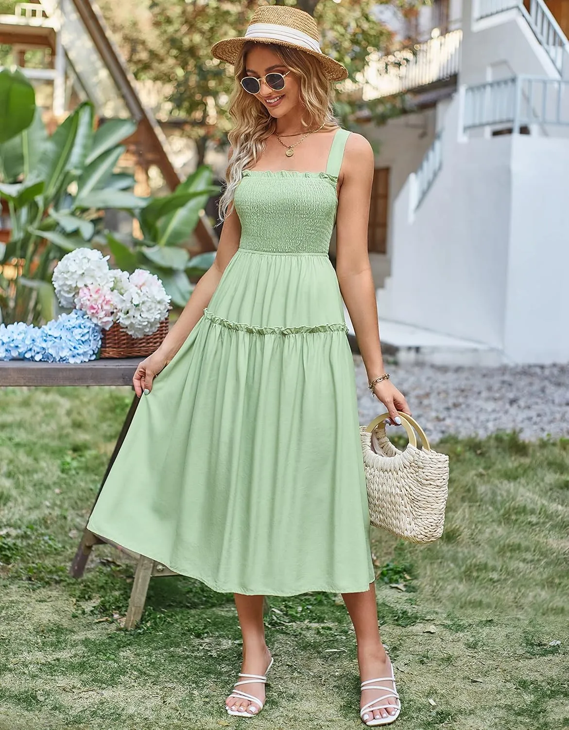 ZAFUL Women's Summer Maxi Dress Boho Floral Casual Ruffle Smocked Halter Backless Knot Long Flowy Beach Sun Dress