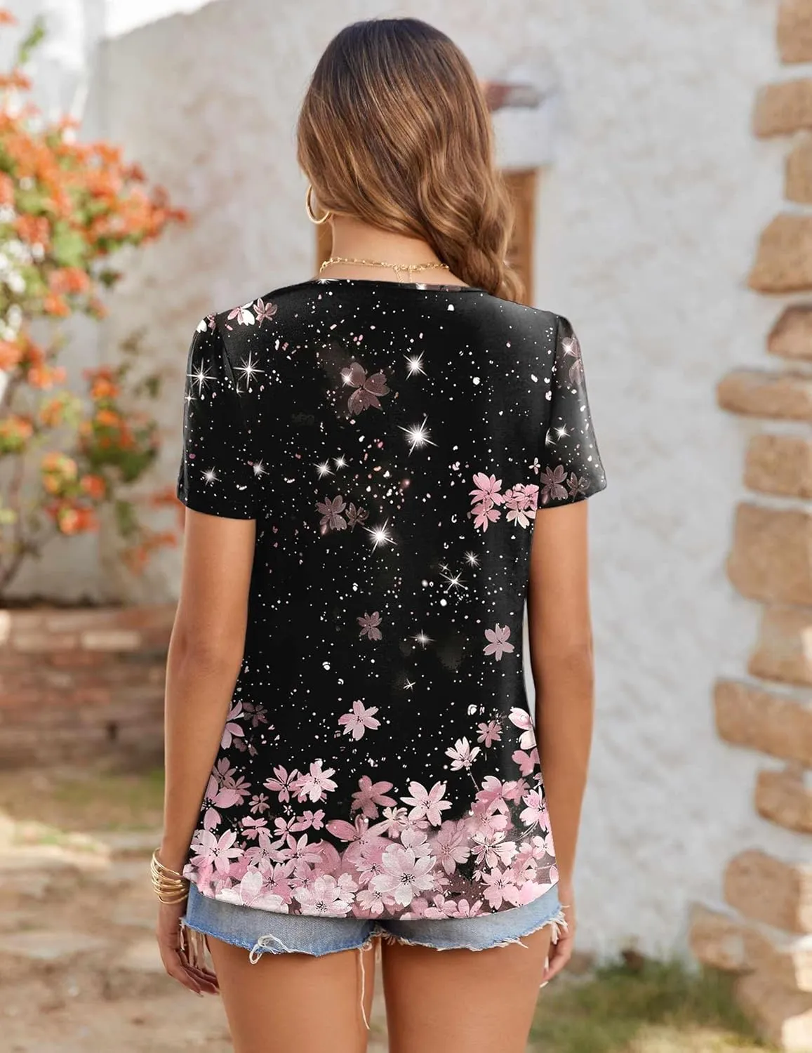 Zeagoo Women's Summer Tunic Tops Short Sleeve Floral Boho Casual T Shirts Pleated Crewneck Flowy Relax Fit Soft Blouses