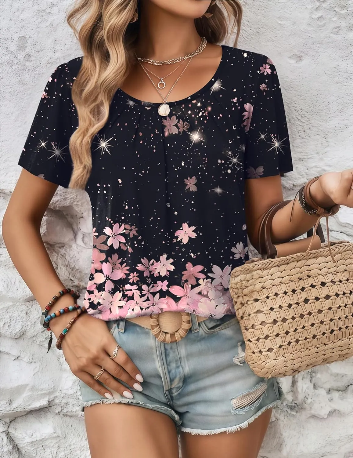 Zeagoo Women's Summer Tunic Tops Short Sleeve Floral Boho Casual T Shirts Pleated Crewneck Flowy Relax Fit Soft Blouses