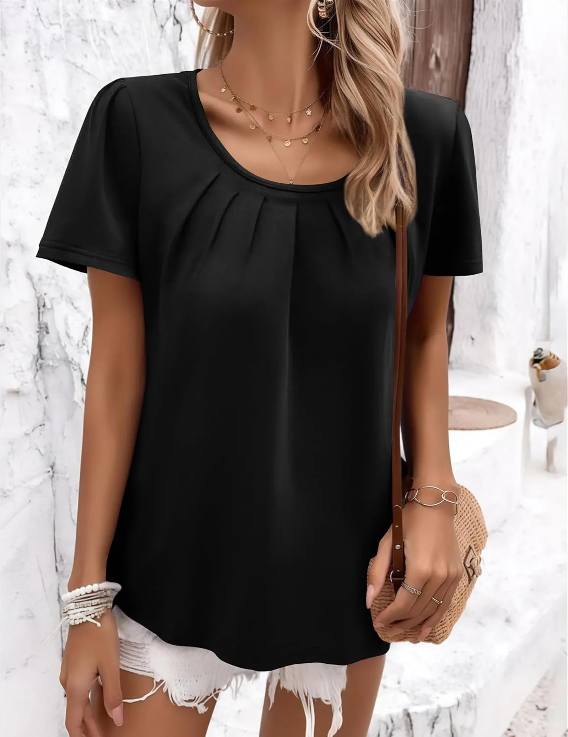 Zeagoo Women's Summer Tunic Tops Short Sleeve Floral Boho Casual T Shirts Pleated Crewneck Flowy Relax Fit Soft Blouses