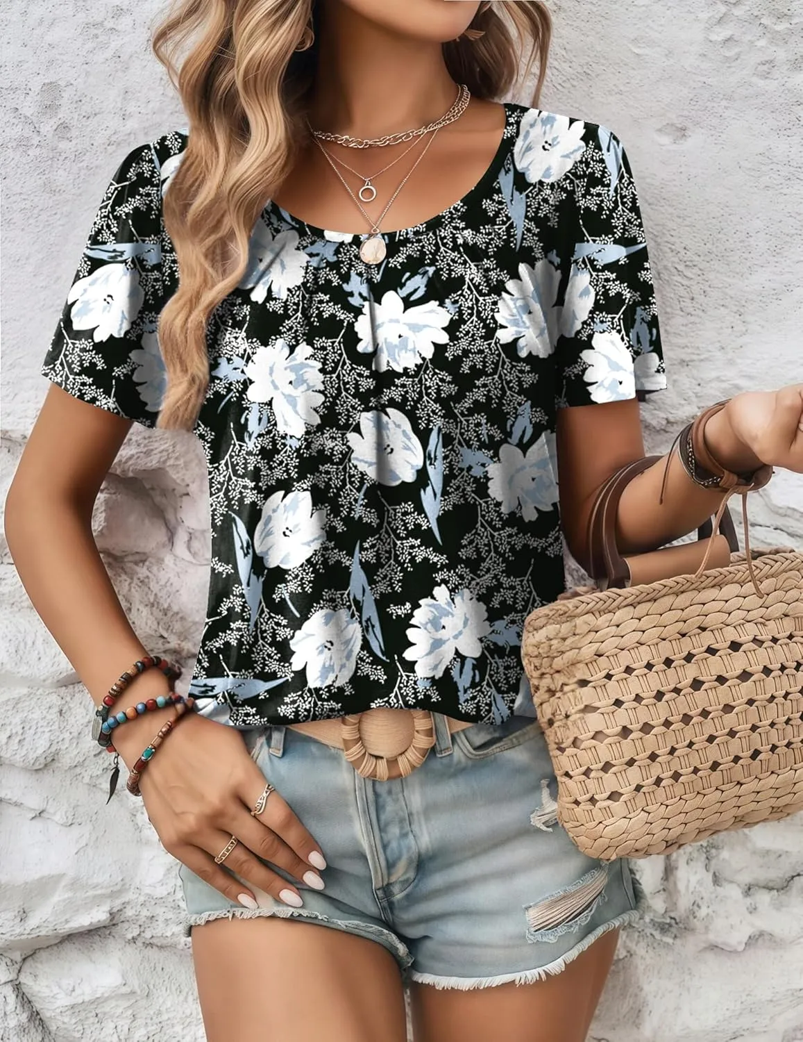 Zeagoo Women's Summer Tunic Tops Short Sleeve Floral Boho Casual T Shirts Pleated Crewneck Flowy Relax Fit Soft Blouses