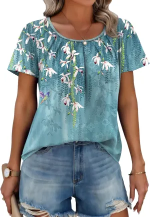 Zeagoo Women's Summer Tunic Tops Short Sleeve Floral Boho Casual T Shirts Pleated Crewneck Flowy Relax Fit Soft Blouses