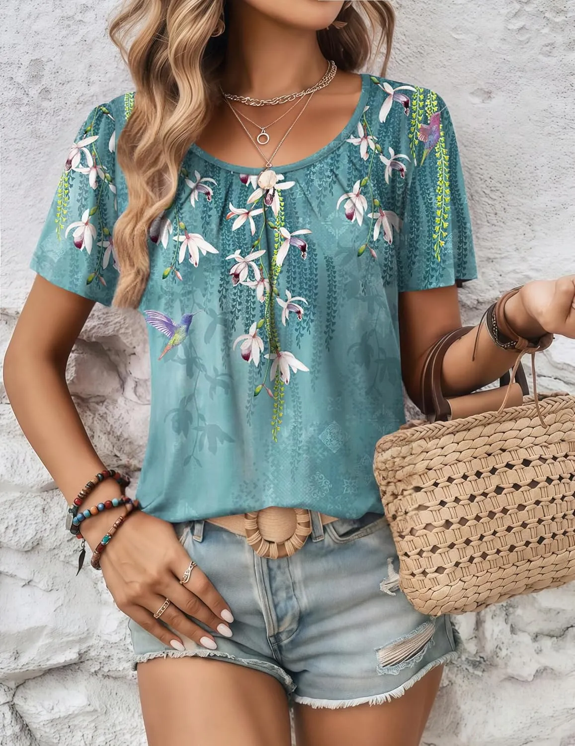 Zeagoo Women's Summer Tunic Tops Short Sleeve Floral Boho Casual T Shirts Pleated Crewneck Flowy Relax Fit Soft Blouses